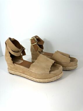 Chloé Laurena Suede Scalloped Espadrille Wedge Sandals - Tan Neutral, Size 39